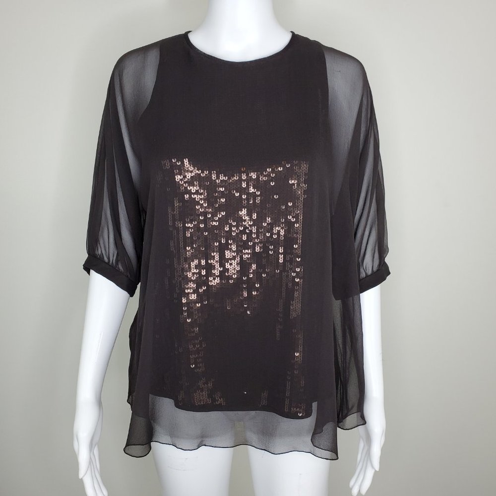 Elie Tahari Silk Sheer Overlay Sequin Blouse